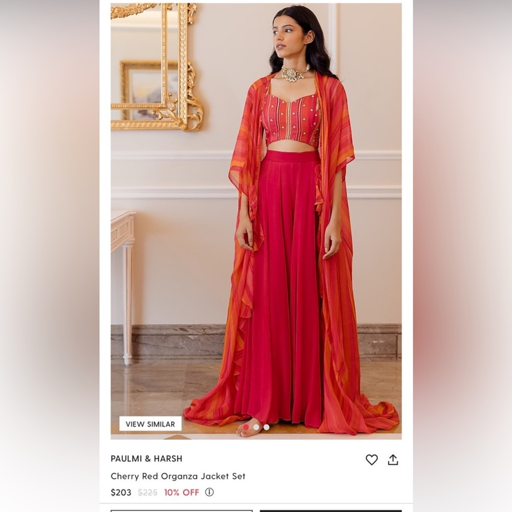 Crop top palazzo set with cape- Cherry red organza jacket set